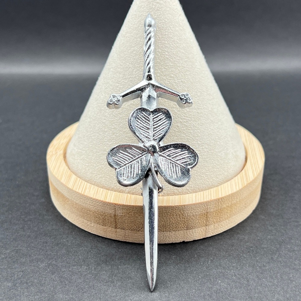 Kilt Pin Irish Shamrock Sword Brooch Silver Tone Celtic Medieval - Picture 2 of 7